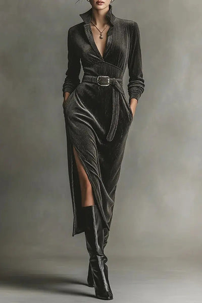 Solid Color Long-sleeved High-waisted Belted Casual Pocket Midi Dress