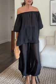 Comfortable Area Chiffon Off Shoulder Balloon Sleeve Top and Elastic Waist Knotted Bloomer Set