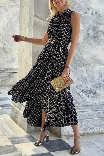 Unique Print Lapel Sleeveless Waisted Midi Dress