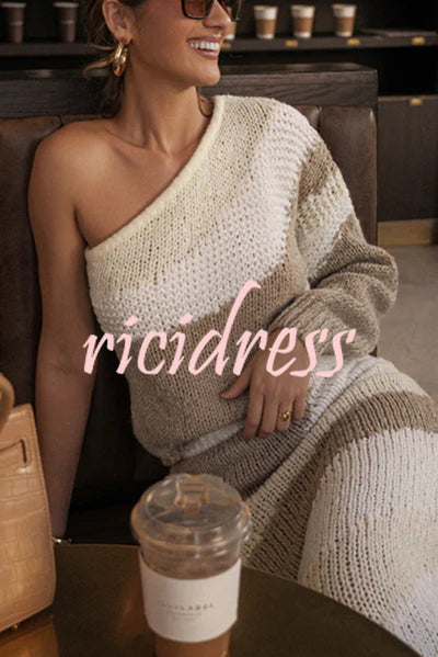 Soft Autumn Knit Colorblock One Shoulder Sleeve Ribbed Trim Loose Sweater