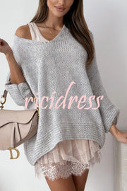 Solid Color Loose V-neck Casual Knitted Sweater