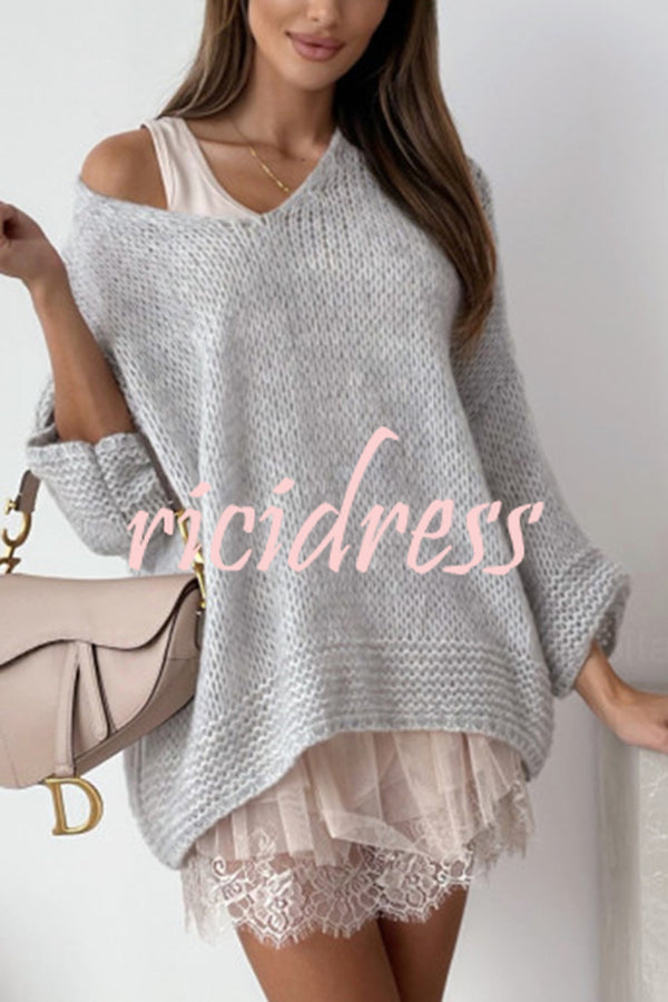 Solid Color Loose V-neck Casual Knitted Sweater