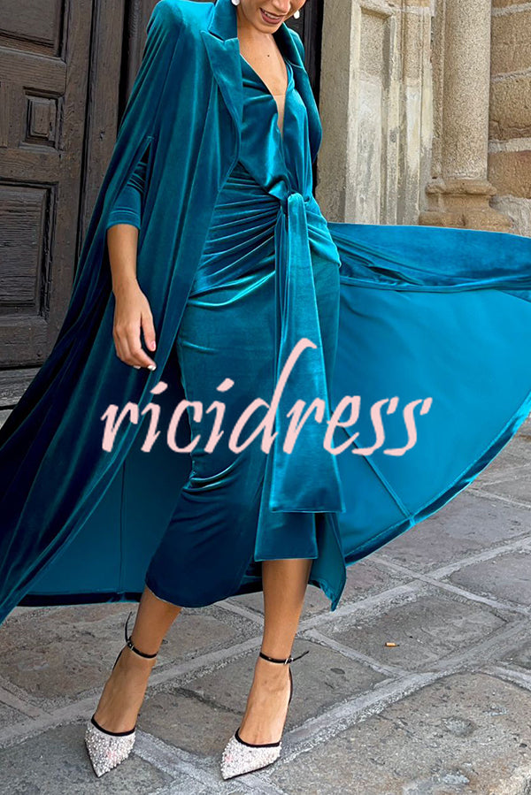 Olivienne Luxurious Velvet Padded Shoulders Slit Sleeve Lapel Midi Cape