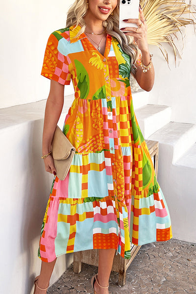 Bohemian Resort Style Print Casual Short Sleeve Button Midi Dress