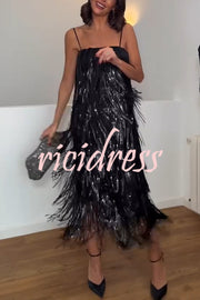 Chic Celebration Layered Sequined Tassels Slip Strapless H-line Midi Dress