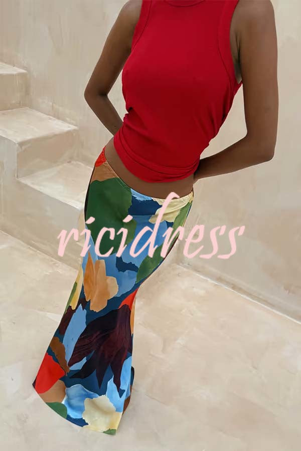 Bright and Bold Satin Abstract Color Blocks Print Elastic Waist Drape Maxi Skirt