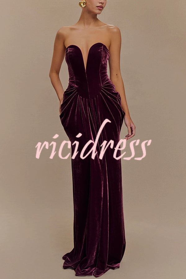 Paige Velvet Off Shoulder Side Pleated Hip Drape Maxi Dress