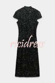 Cheongsam Style Velvet Sequin Stand Neck Short Sleeve Slit Midi Dress