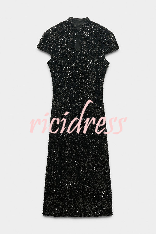 Cheongsam Style Velvet Sequin Stand Neck Short Sleeve Slit Midi Dress