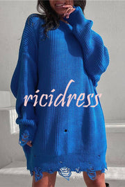 Solid Color Loose Ripped Knitted Mid-length Sweater