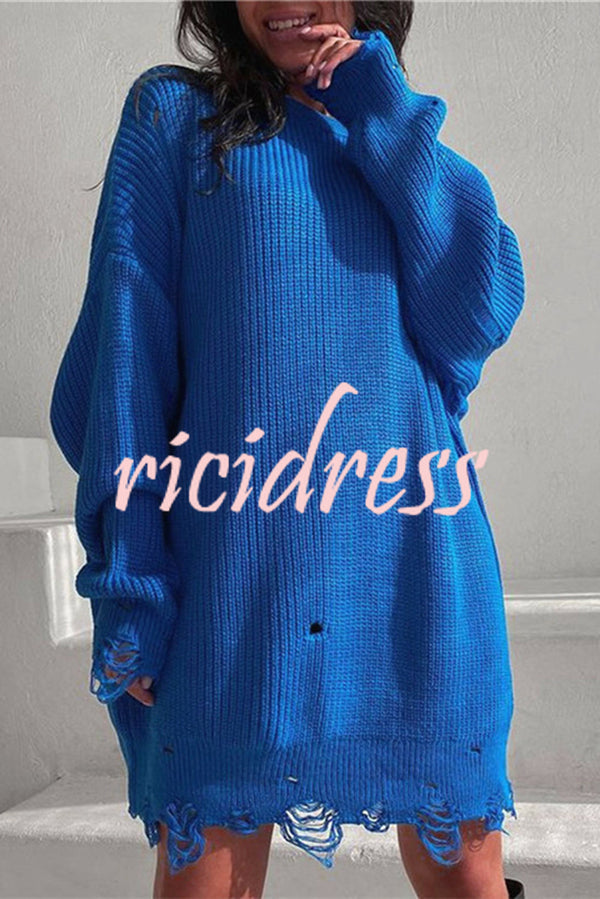 Solid Color Loose Ripped Knitted Mid-length Sweater