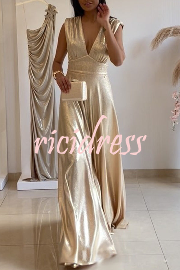 Roisin Metallic Fabric Ruched Shoulder V-neck Wide Leg Drape Jumpsuit