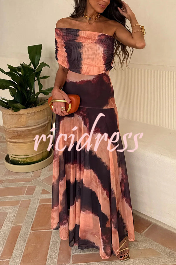 Unique Printed Off-the-shoulder Waisted Holiday Maxi Dress