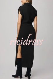 Solid Color Sleeveless Knitted Elegant Waist Midi Dress