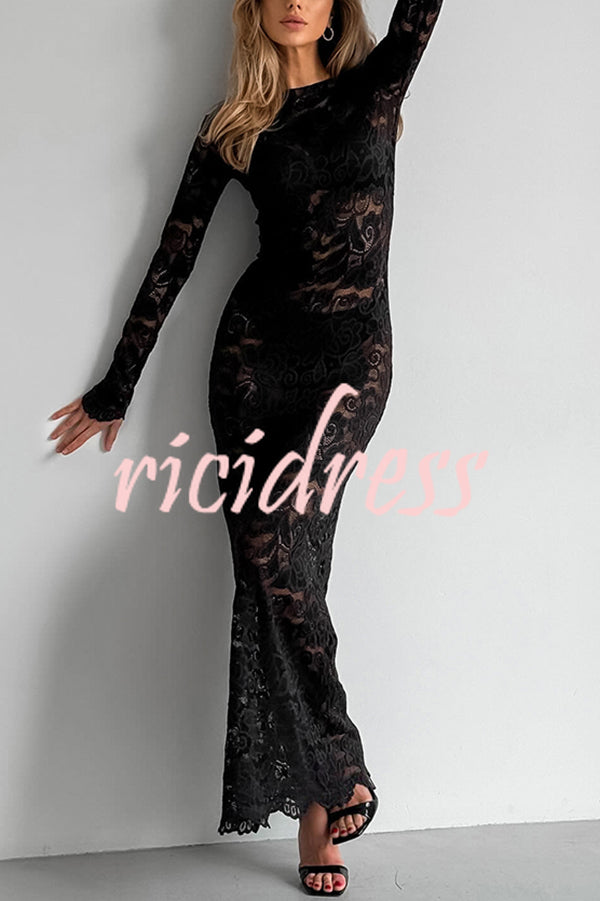 Sexy Openwork Lace Long-sleeved Slim-fit Fishtail Maxi Dress