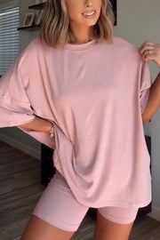 Solid Color Loose Short-sleeved Top and Stretch Casual Shorts Set