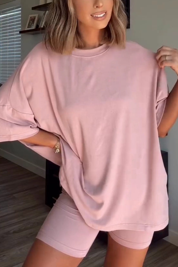 Solid Color Loose Short-sleeved Top and Stretch Casual Shorts Set