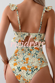 Floral Print Ruffled Stretch One-piece Swimsuit