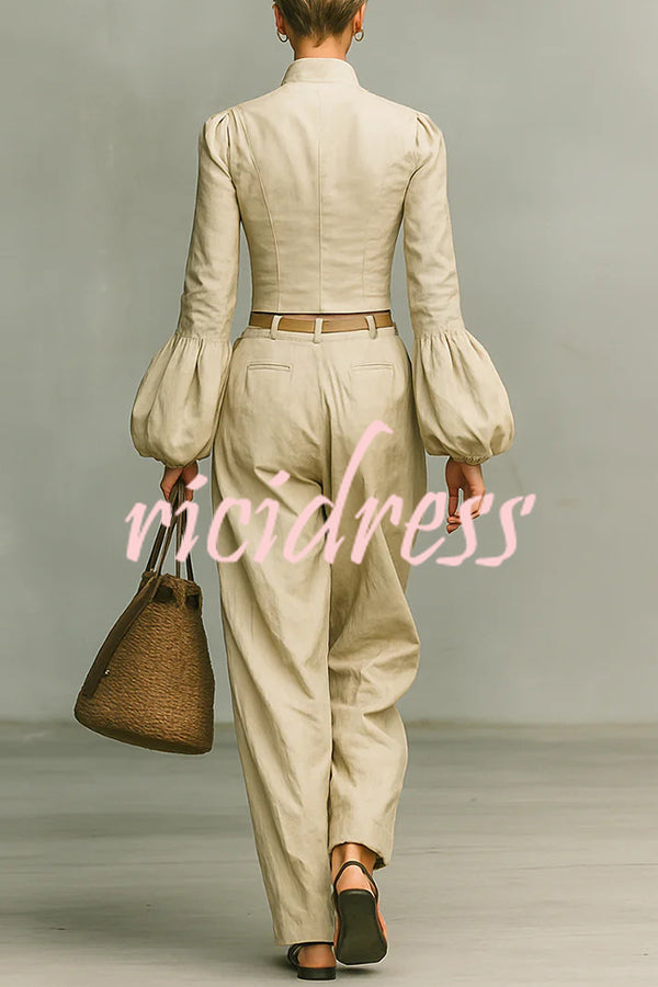 Linen-blend Long-sleeved Button-down Top and Relaxed-pocket Wide-leg Pants Set