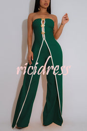 Fashionable Contrast Color Off-shoulder Metal Decoration Casual Elegant Jumpsuit