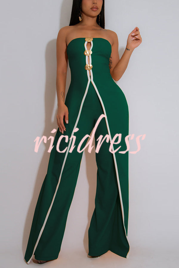 Fashionable Contrast Color Off-shoulder Metal Decoration Casual Elegant Jumpsuit