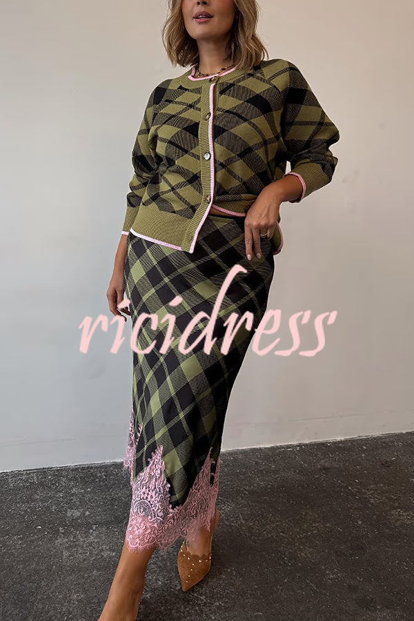 Holiday Plaid Knit Color-blocked Trim Button Long-sleeved Loose Cardigan