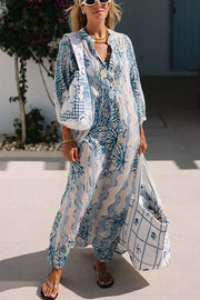Quiet Sea Unique Print Pleated Neck Long Sleeve Slit Kaftan Maxi Dress