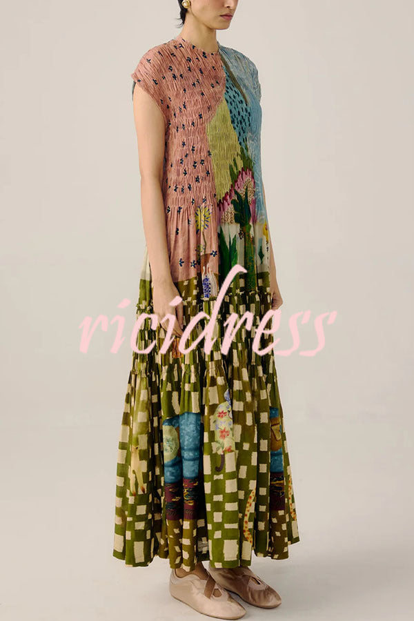 Relaxed and Playful Unique Print Smocked Short Sleeve Flare Maxi Dress