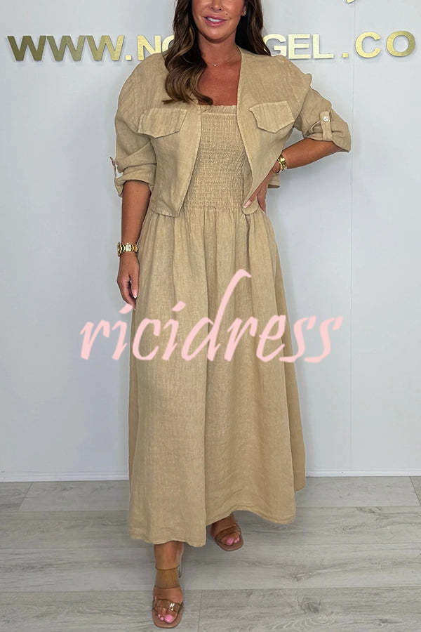 Solid Color Casual Short Jacket and Suspender Pleated Maxi Dress Set