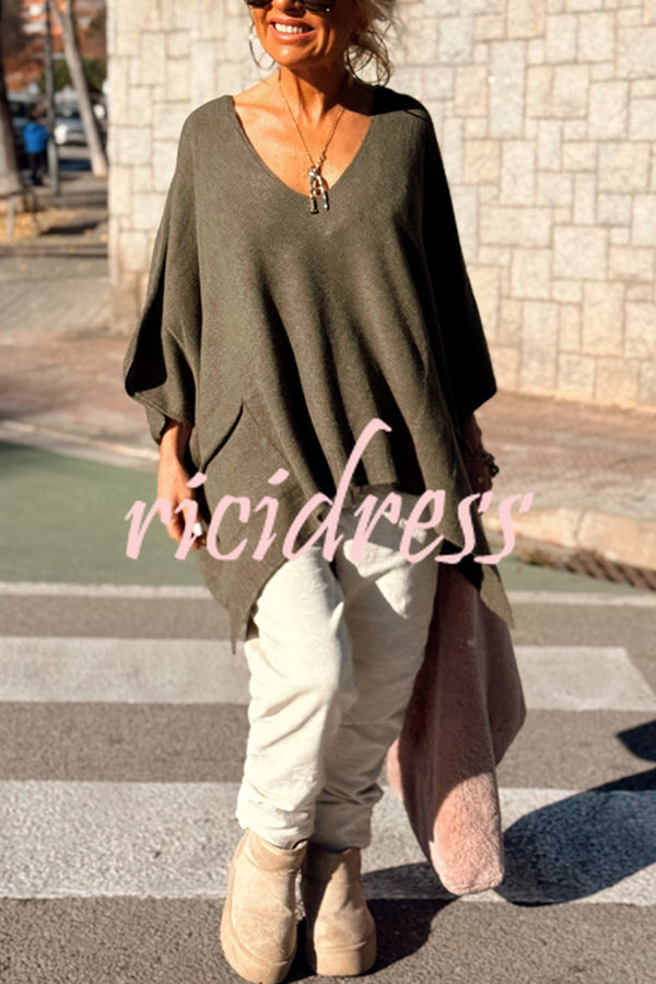 Fashion V-neck Loose Pocket Mid-length Knitted Sweater