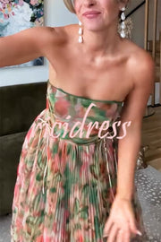 Romantic Factor Pleated Mesh Watercolor Print Bow Detail Strapless Maxi Dress