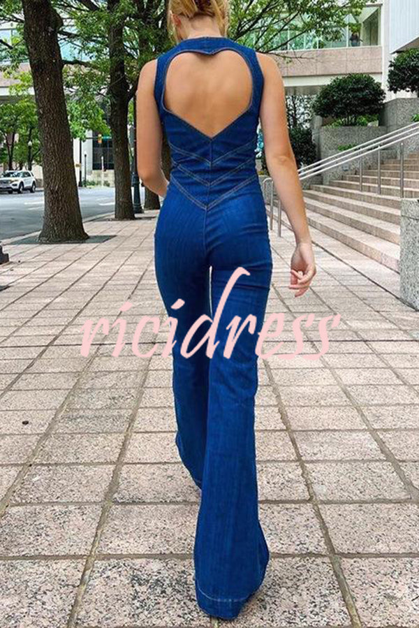 Fashionable Heart Hollow Back Slim High Waist Flared Denim Jumpsuit