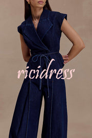 Charley Denim Button Up Cap Short Sleeve Structured Tie-up Lapel Top