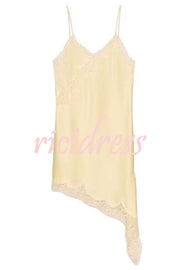 Elouise Satin Lace Trim V-neck Asymmetrical Hem Slip Mini Dress