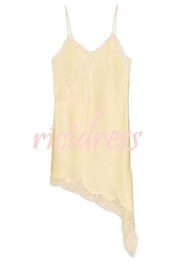 Elouise Satin Lace Trim V-neck Asymmetrical Hem Slip Mini Dress