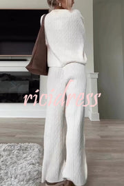 Autumn Travel Knit Cable Long Sleeve Sweater and Elastic High Waist Wide Leg Pants Set