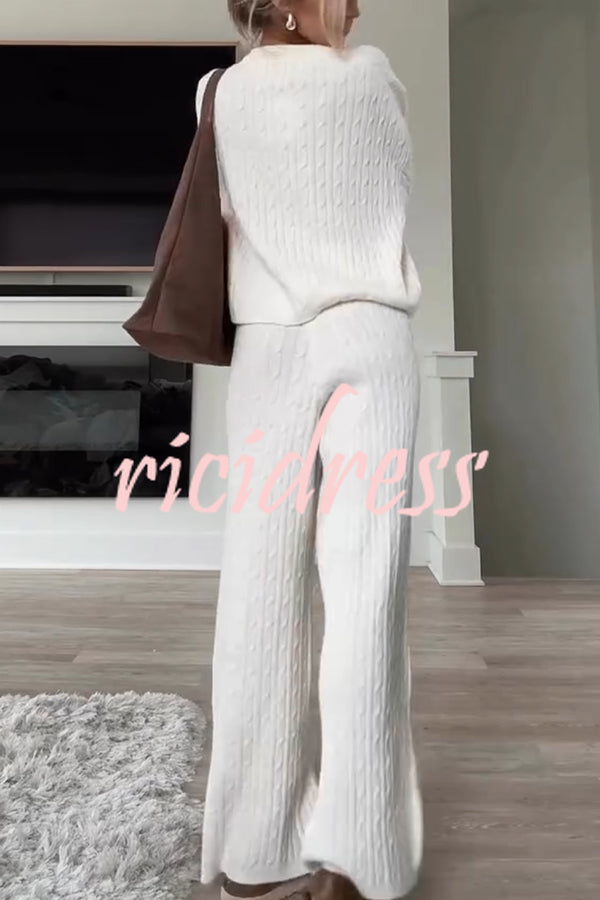 Autumn Travel Knit Cable Long Sleeve Sweater and Elastic High Waist Wide Leg Pants Set