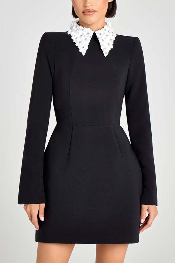 Alisha Contrast Floral Appliqué Pointed Collar Long Sleeve Pocketed Mini Dress