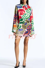 Elouise Satin Color Block Art Print Long Sleeve Button Back Elastic Waist H-line Mini Dress