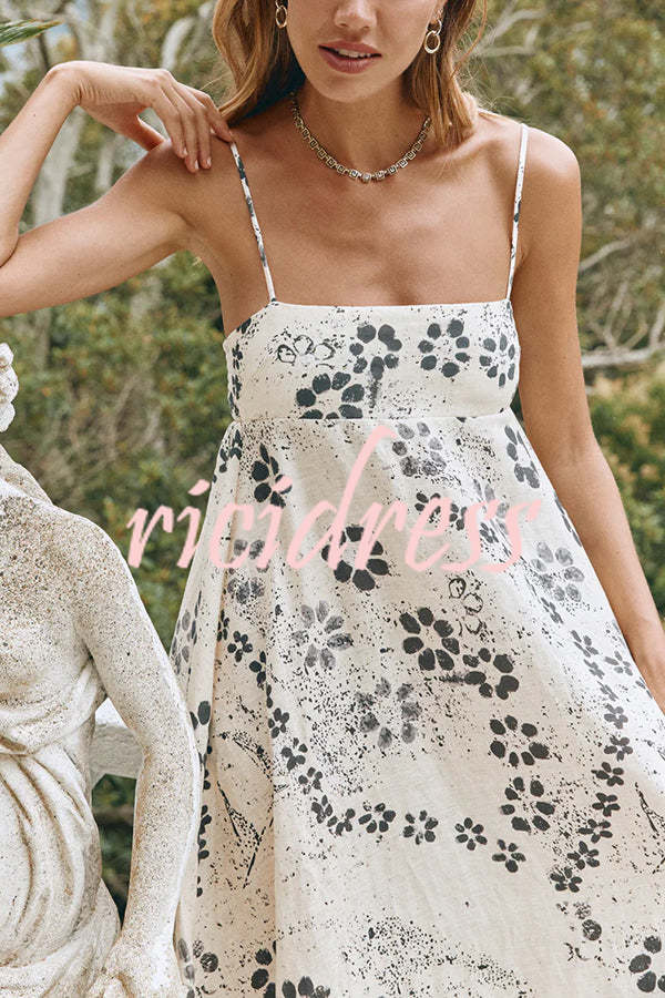 Linen Blend Floral Print Strappy Full-hem Backless Maxi Dress