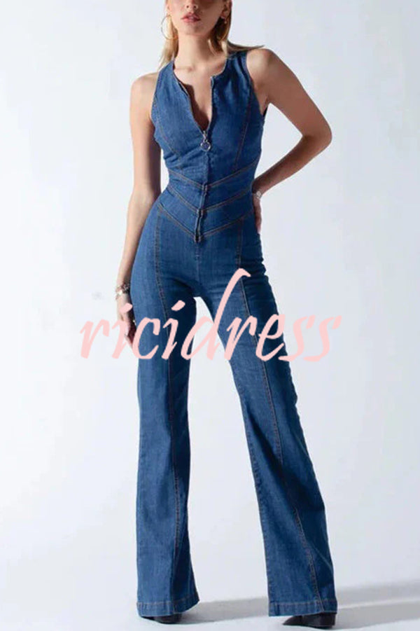 Fashionable Heart Hollow Back Slim High Waist Flared Denim Jumpsuit