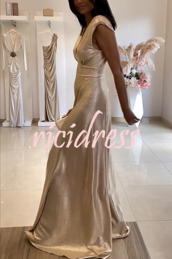 Roisin Metallic Fabric Ruched Shoulder V-neck Wide Leg Drape Jumpsuit