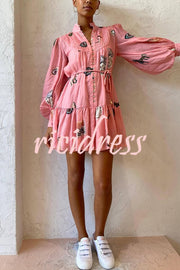 Unique Print Single Breasted Balloon Sleeve Tie Waist Ruffled Mini Dress