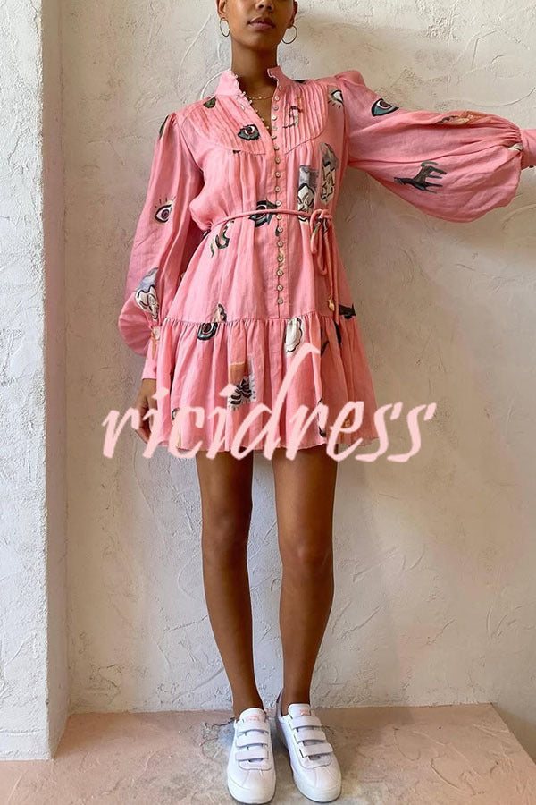 Unique Print Single Breasted Balloon Sleeve Tie Waist Ruffled Mini Dress