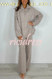 Solid Color Lapel Long-sleeved Loose Top and Elastic Waist Casual Pants Set