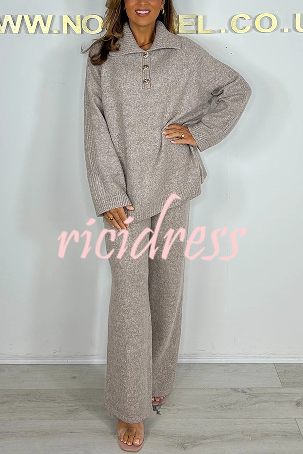 Solid Color Lapel Long-sleeved Loose Top and Elastic Waist Casual Pants Set