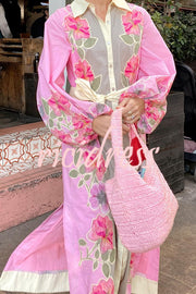 Linen Blend Floral Print Casual Cardigan Lace-up Maxi Dress