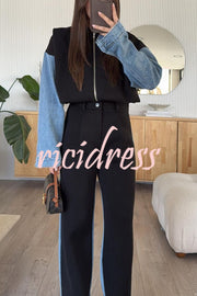 Sports Fashion Denim Patchwork Sweatshirt Fabric High Rise Pocket Loose Pants