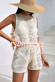 Solid Color Sleeveless Tie Knitted Vest and Loose Elastic Waist Drawstring Shorts Set
