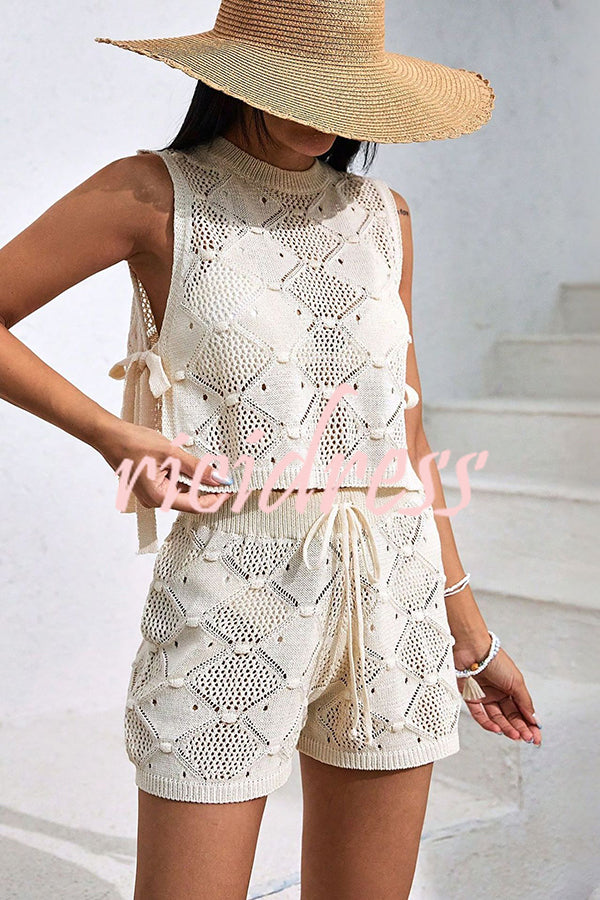 Solid Color Sleeveless Tie Knitted Vest and Loose Elastic Waist Drawstring Shorts Set